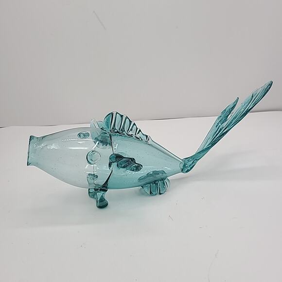 Vintage Art Glass Teal Fish Koi Blown Decantor 11" Long 5" Tall Japanese MCM - Picture 4 of 8
